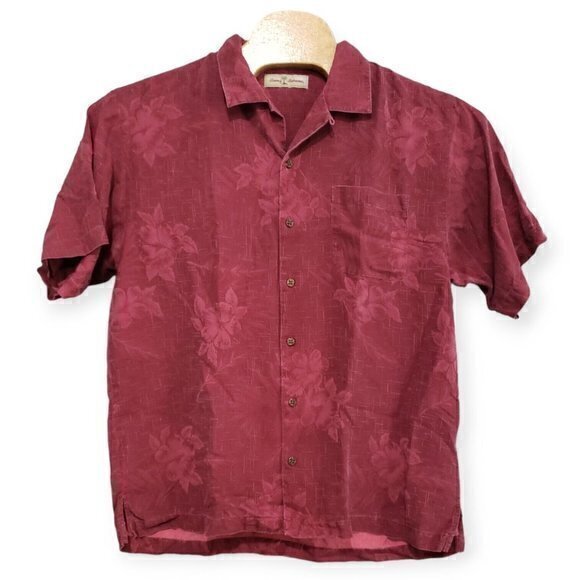 Tommy Bahama Maroon 100% Silk Size Large Jacquard Print Hawaiian Aloha Shirt - Picture 2 of 6